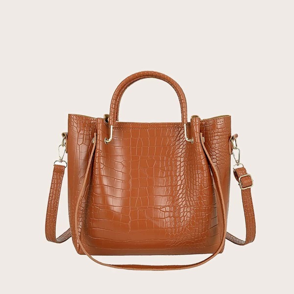 

Croc Embossed Double Handle Satchel Bag, Brown