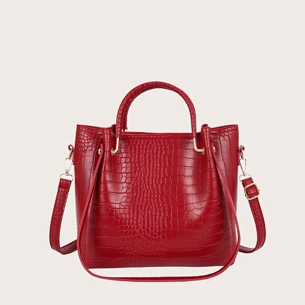 

Croc Embossed Double Handle Satchel Bag, Red
