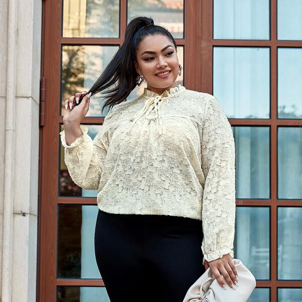 

Plus Frill Tie Neck Raw Trim Blouse, Beige