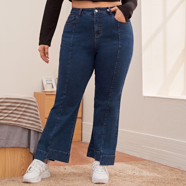 

Plus High Waist Asymmetrical Hem Flare Leg Jeans, Dark wash