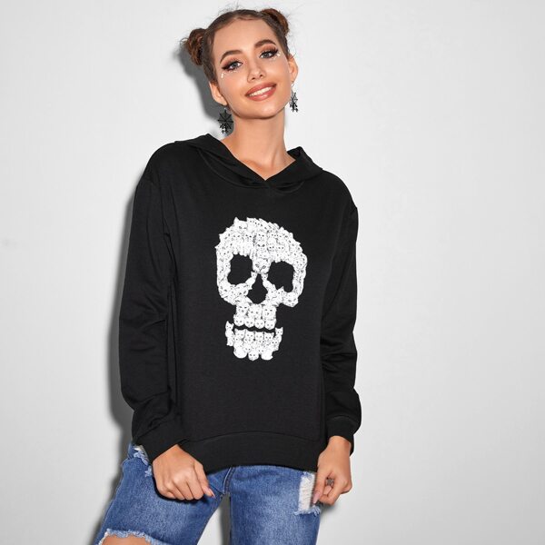 

Cat Skull Print Hoodie, Black
