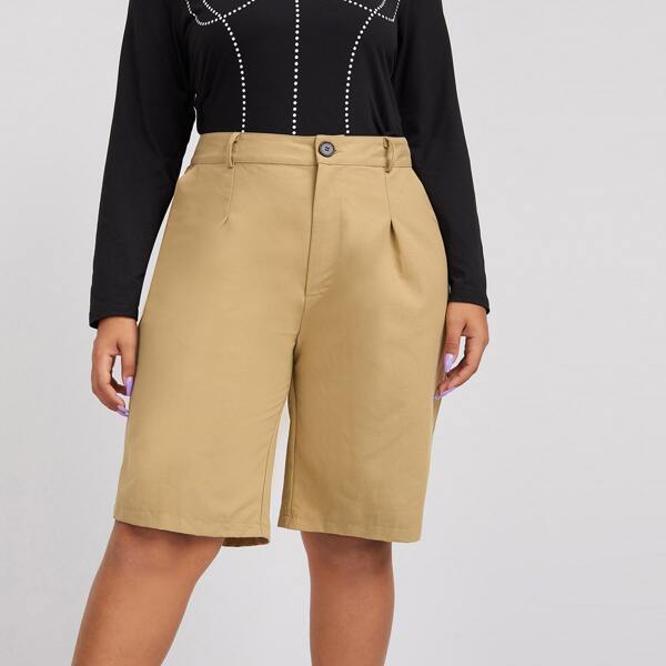 

Plus Solid Plicated Bermuda Shorts, Khaki