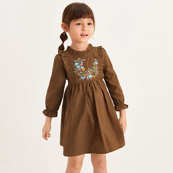 

Toddler Girls Floral Embroidery Ruffle Dress, Coffee brown