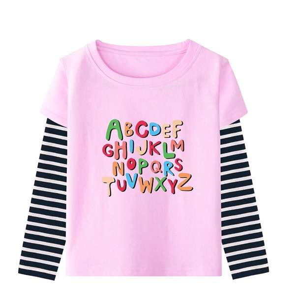 

Girls Letter Graphic Striped 2 In 1 Tee, Baby pink