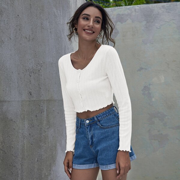 

Button Front Lettuce Trim Crop Top, White