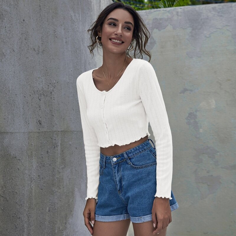

Button Front Lettuce Trim Crop Top, White