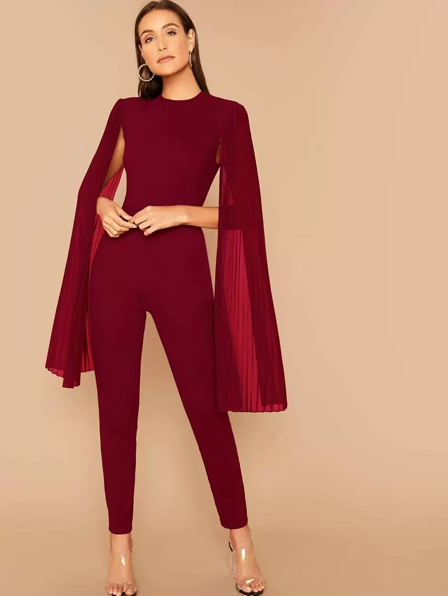 SHEIN Clasi 素色百褶袖披肩連身長褲 - 酒紅色 - 查看 1