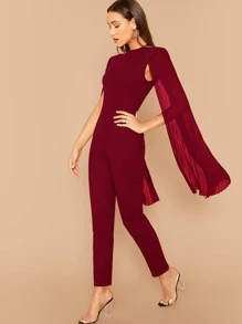 SHEIN Clasi 素色百褶袖披肩連身長褲 - 酒紅色 - 查看 3