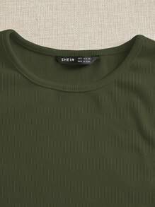 Muchica Áo thun Gân đan màu trơn Giải trí - xanh quân đội - Xem 3