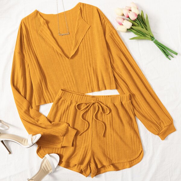 

Drop Shoulder Notched Neck Top & Shorts Set, Mustard yellow