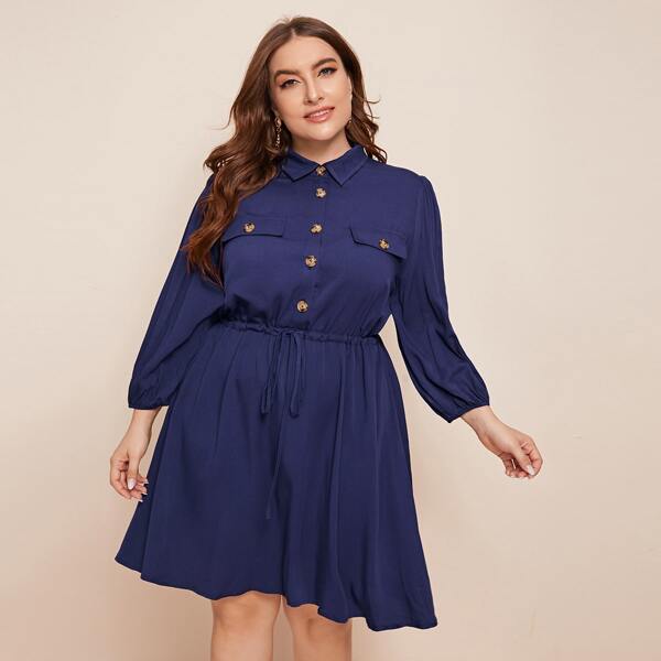 

Plus Flap Detail Drawstring Waist Shirt Dress, Navy blue