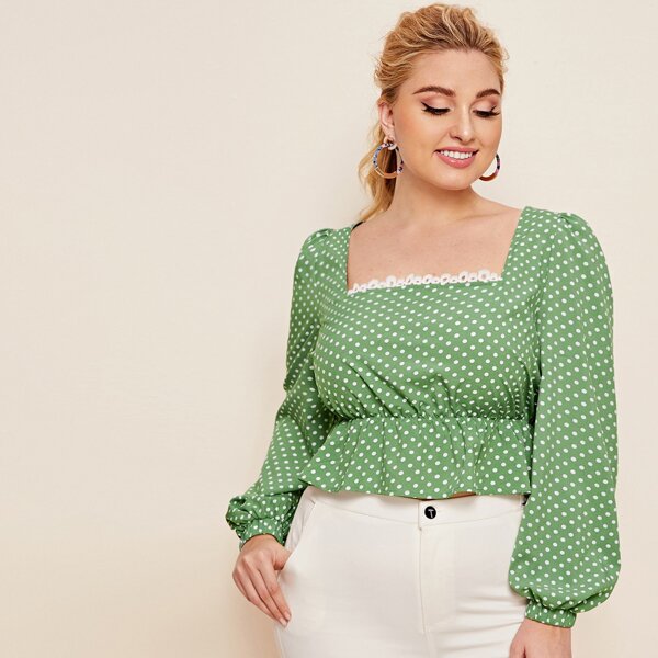 

Plus Guipure Lace Trim Lantern Sleeve Peplum Top, Green