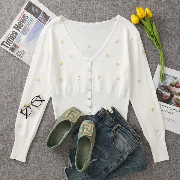 

Floral Embroidery Button Up Cardigan, Beige