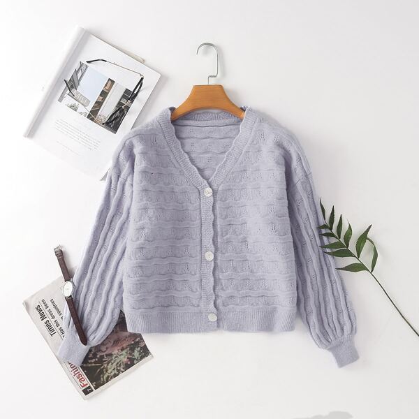 

Solid Scallop Trim Button Up Cardigan, Purple pastel