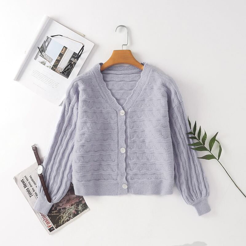 

Solid Scallop Trim Button Up Cardigan, Purple pastel