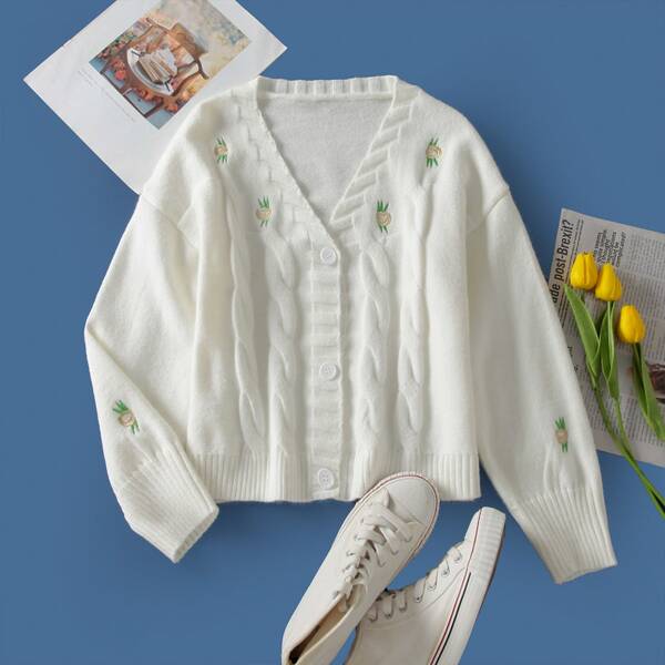 

Floral Embroidery Cable Knit Cardigan, White