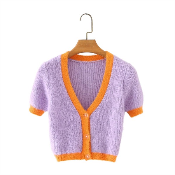 

Contrast Binding Button Up Fuzzy Cardigan, Lilac purple