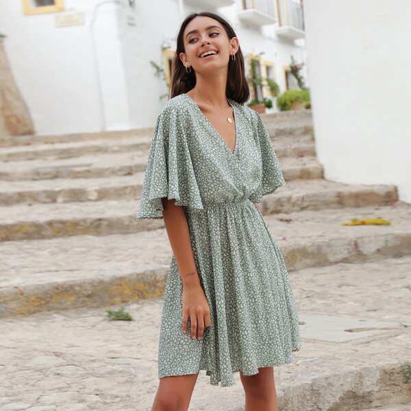 

All Over Print Surplice Front Dress, Mint green