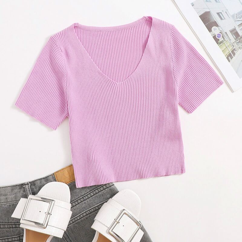 

V-Neck Rib-knit Top, Pastel lilac purple