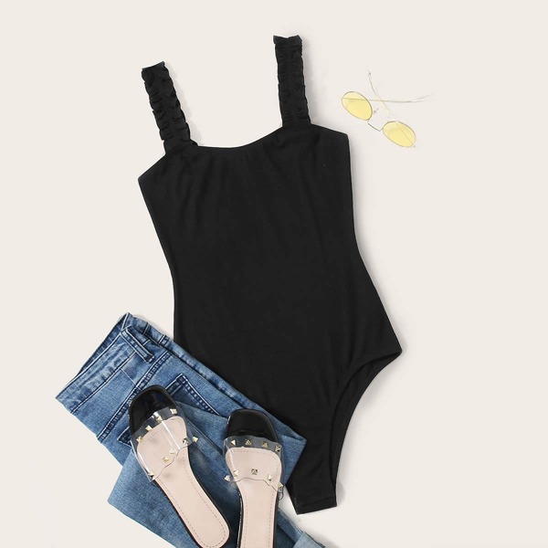 

Plus Frill Trim Rib-knit Bodysuit, Black