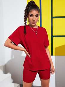 SHEIN EZwear 落肩素色上衣和機車短褲套裝 - 紅色 - 查看 1