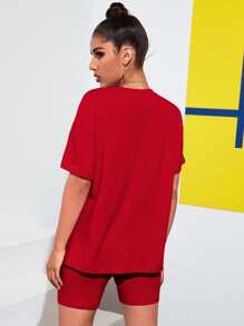 SHEIN EZwear 落肩素色上衣和機車短褲套裝 - 紅色 - 查看 2