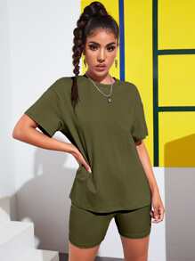SHEIN EZwear 落肩素色上衣和機車短褲套裝 - 軍綠色 - 查看 1