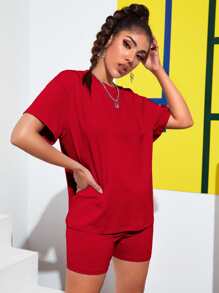 SHEIN EZwear 落肩素色上衣和機車短褲套裝 - 紅色 - 查看 3
