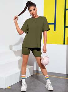 SHEIN EZwear 落肩素色上衣和機車短褲套裝 - 軍綠色 - 查看 3