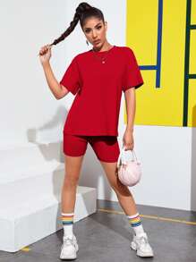 SHEIN EZwear 落肩素色上衣和機車短褲套裝 - 紅色 - 查看 4