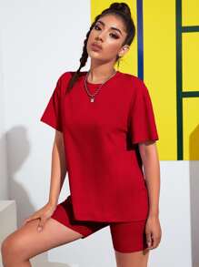 SHEIN EZwear 落肩素色上衣和機車短褲套裝 - 紅色 - 查看 5