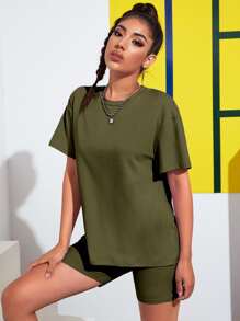SHEIN EZwear 落肩素色上衣和機車短褲套裝 - 軍綠色 - 查看 5