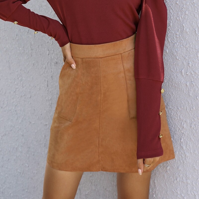 

High Waist Suede Skirt, Brown