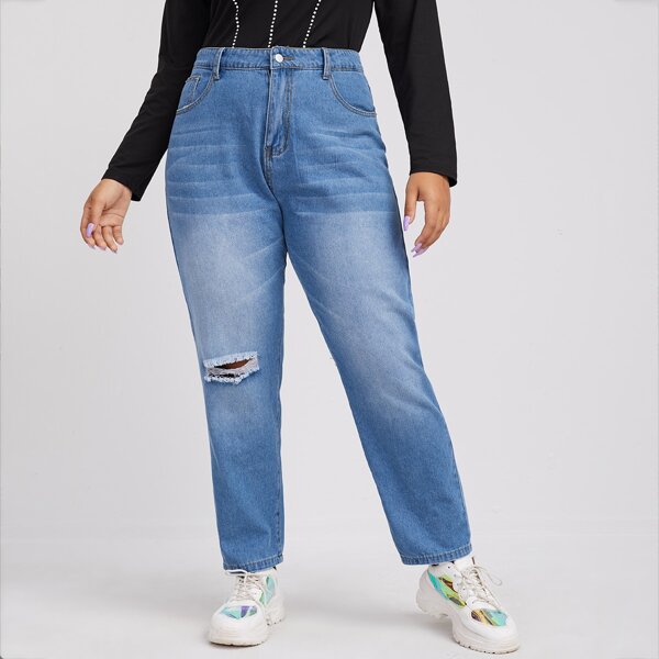 

Plus Bleach Wash Ripped Jeans, Medium wash