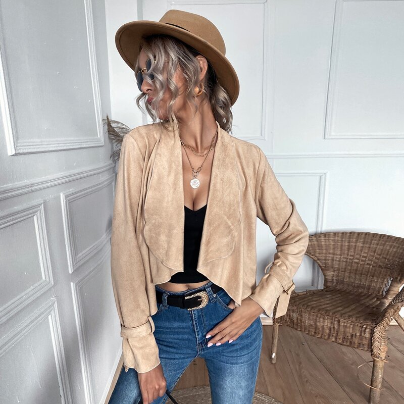 

Waterfall Collar High Low Suede Coat, Apricot