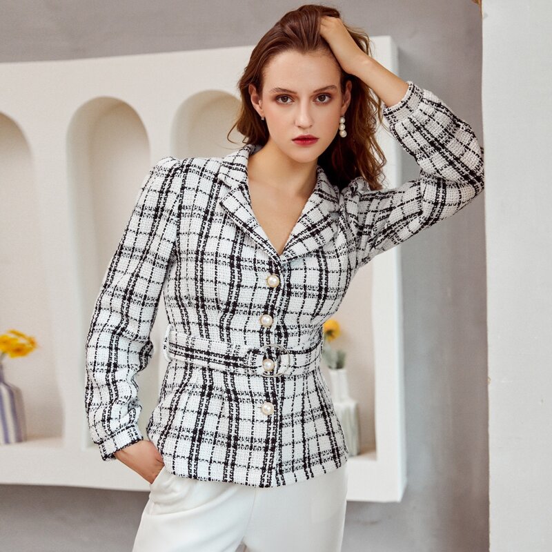 

Button Front Buckle Belted Plaid Tweed Blazer, Black and white