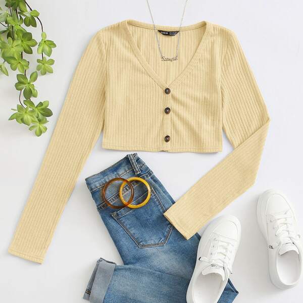 

Button Front Rib-knit Crop Tee, Yellow pastel