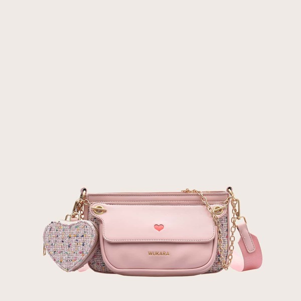

3pcs Tweed Crossbody Bag Set, Pink