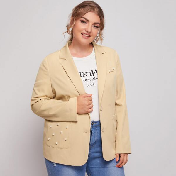 

Plus Pearls Detail Lapel Neck Blazer, Khaki