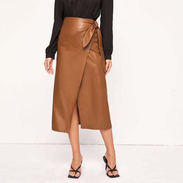 

PU Leather Wrap Skirt, Brown