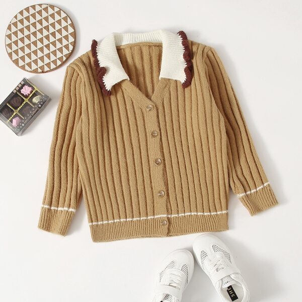 

Girls Contrast Collar Button Front Sweater, Camel