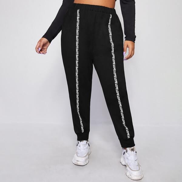

Plus Letter Tape High Waist Sweatpants, Black