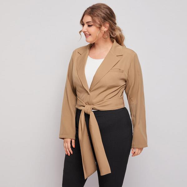

Plus Solid Lapel Neck Belted Blazer, Khaki