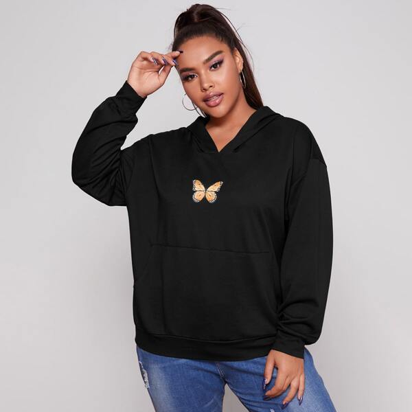 

Plus Butterfly Print Kangaroo Pocket Hoodie, Black