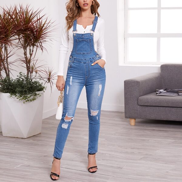 

Bleach Wash Ripped Skinny Denim Overalls, Medium wash