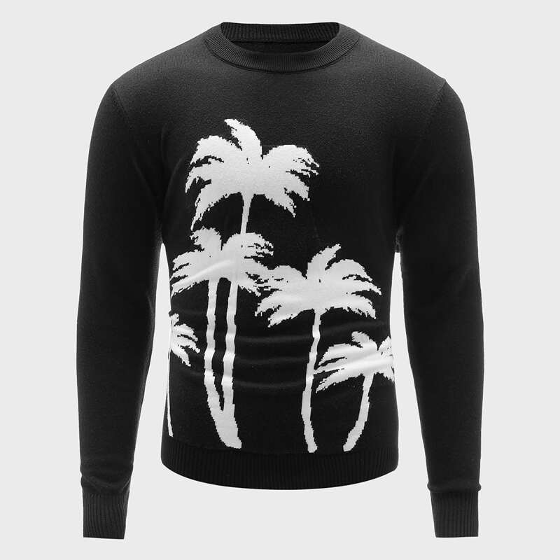 

Guys Tropical Pattern Crew Neck Sweater, Black