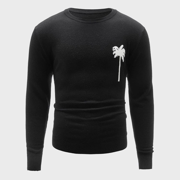 

Men Tropical Pattern Crew Neck Sweater, Black