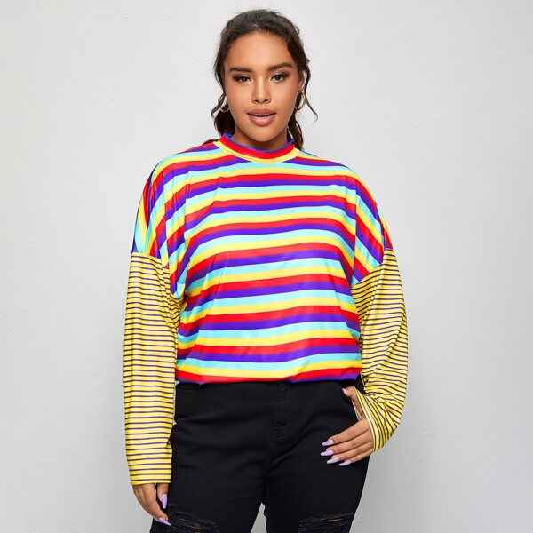 

Plus Rainbow Striped Contrast Sleeve Tee, Multicolor
