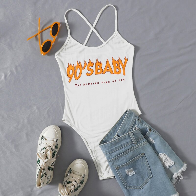 

Crisscross Back Letter Graphic Bodysuit, White