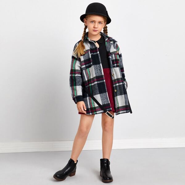 

Girls Drop Shoulder Flap Pocket Buckle Belted Plaid Coat, Multicolor